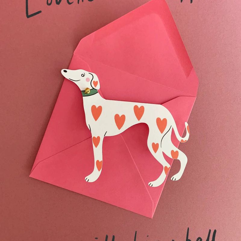 Valentines Card - Whippet with Hearts &amp; Bell