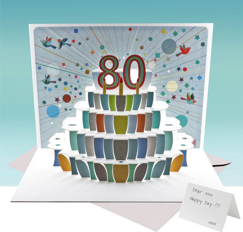 80th Birthday Pop Up Cake, Age 80  - blue/multi colour