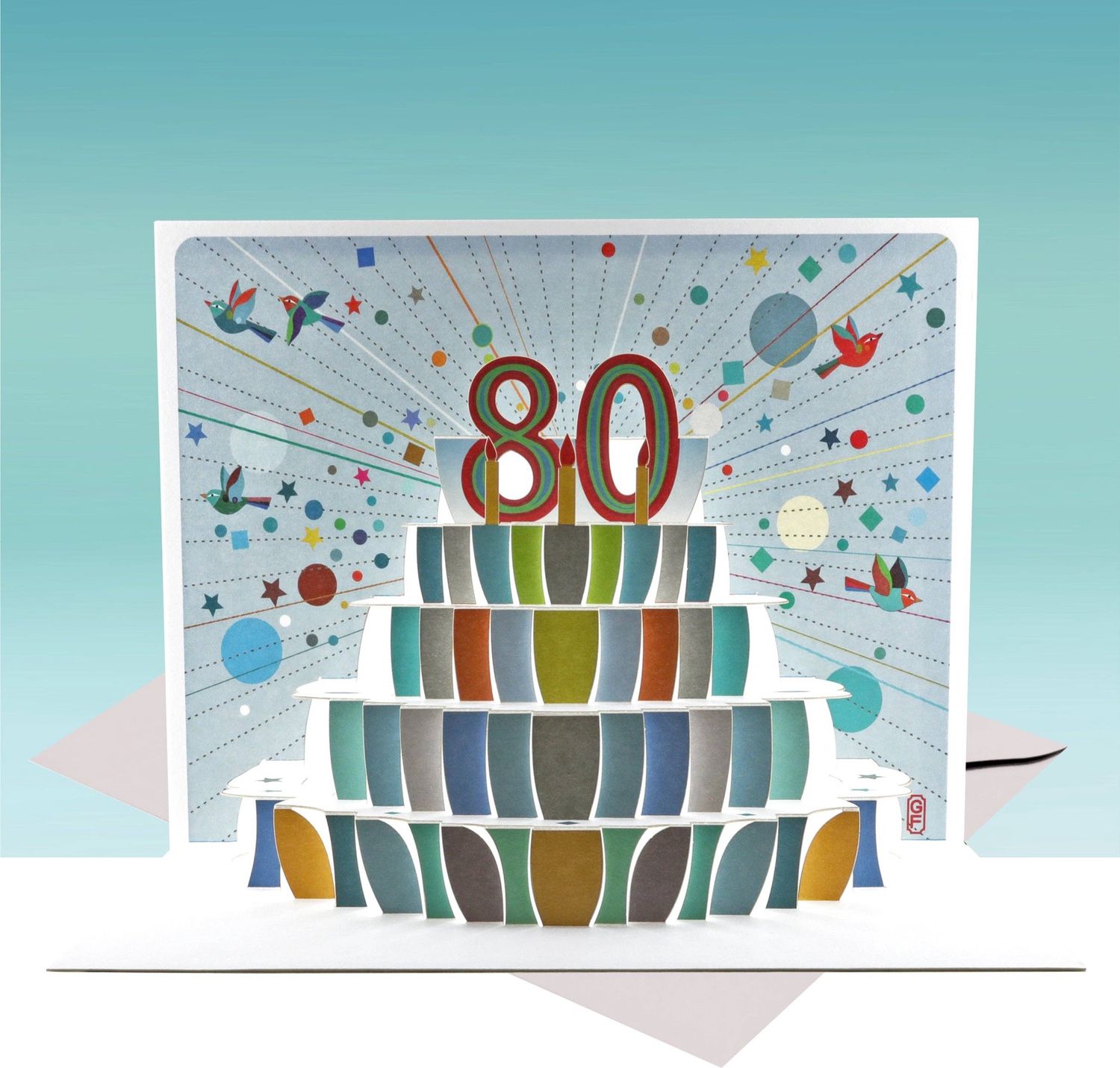 80th Birthday Pop Up Cake, Age 80  - blue/multi colour