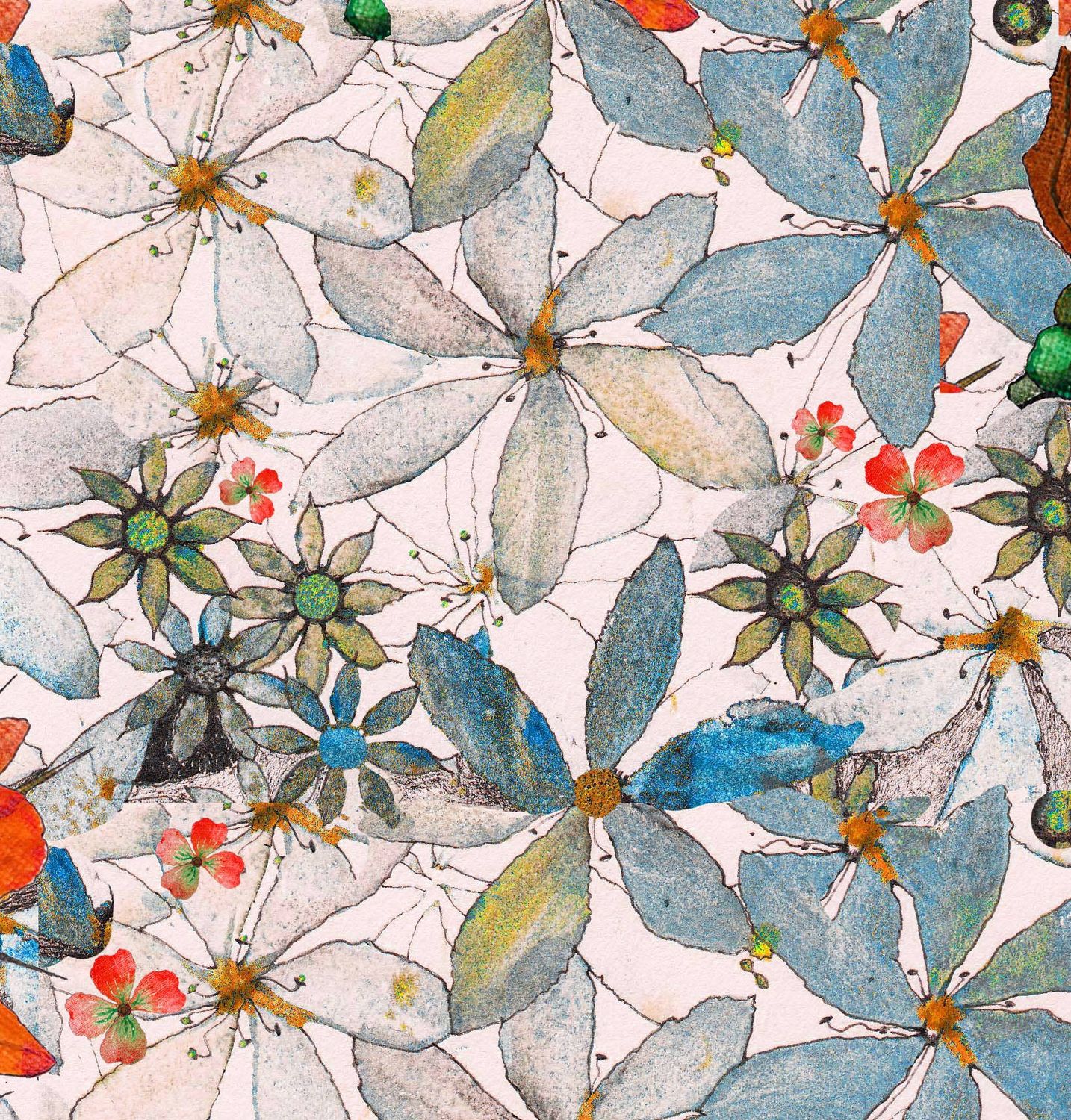 Printed Flowers  - greys, Size: Small - 125mm x 125mm