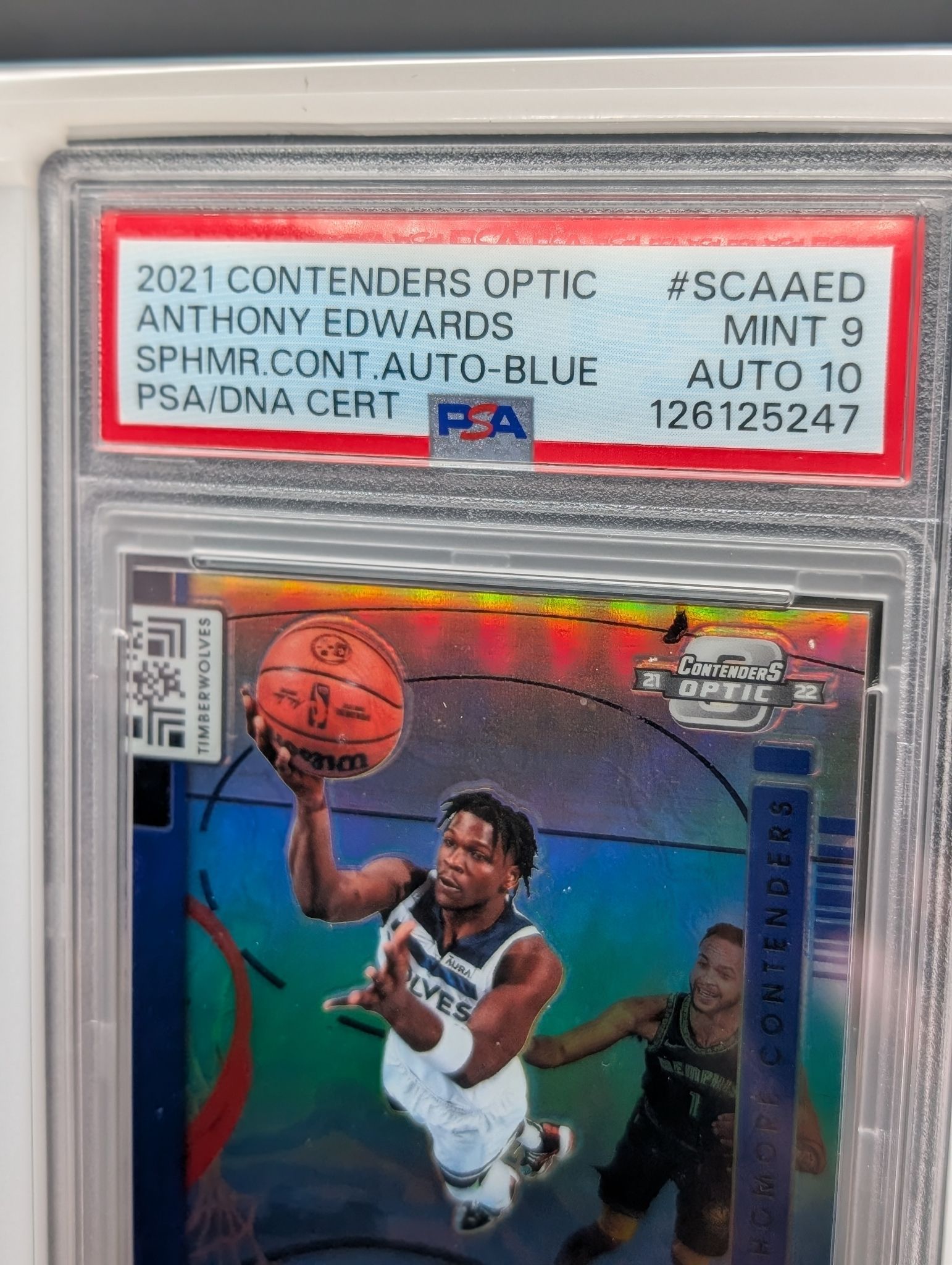 2021-22 Panini Contenders Optic Anthony Edwards Sophomore Auto Blue /75 PSA 9
