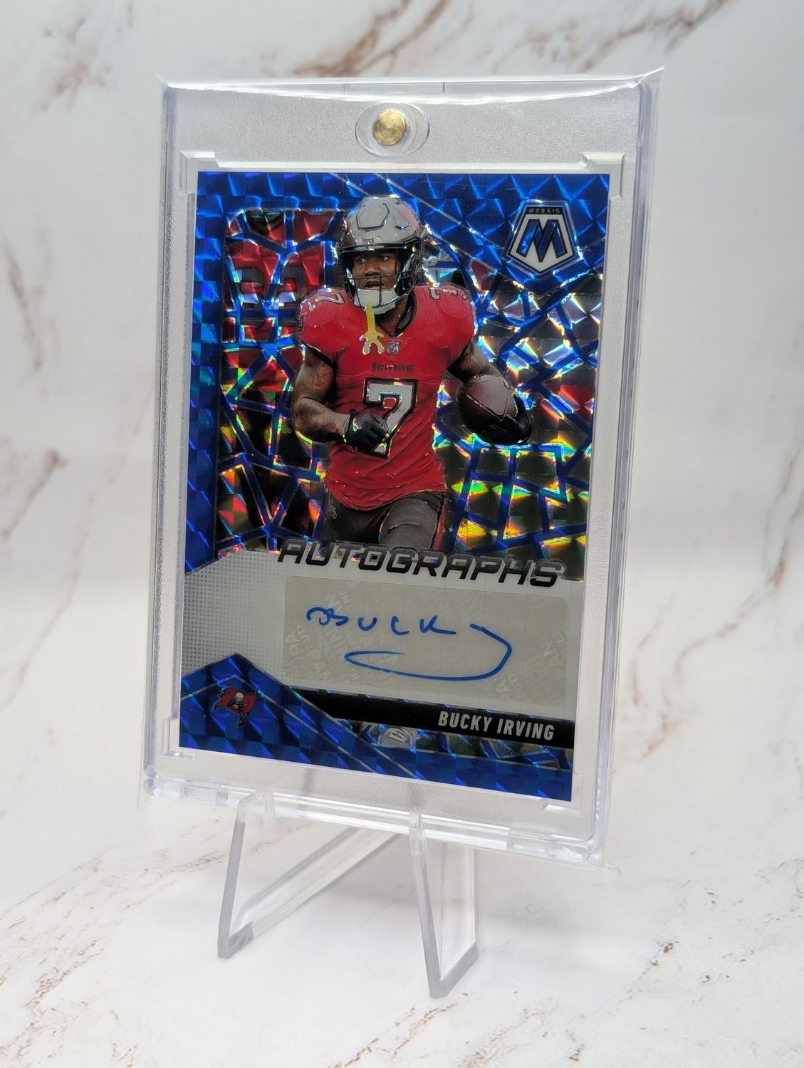 Bucky Irving 2025 Panini Mosaic Auto Blue Prizm /99 #AMC-BIG Buccaneers