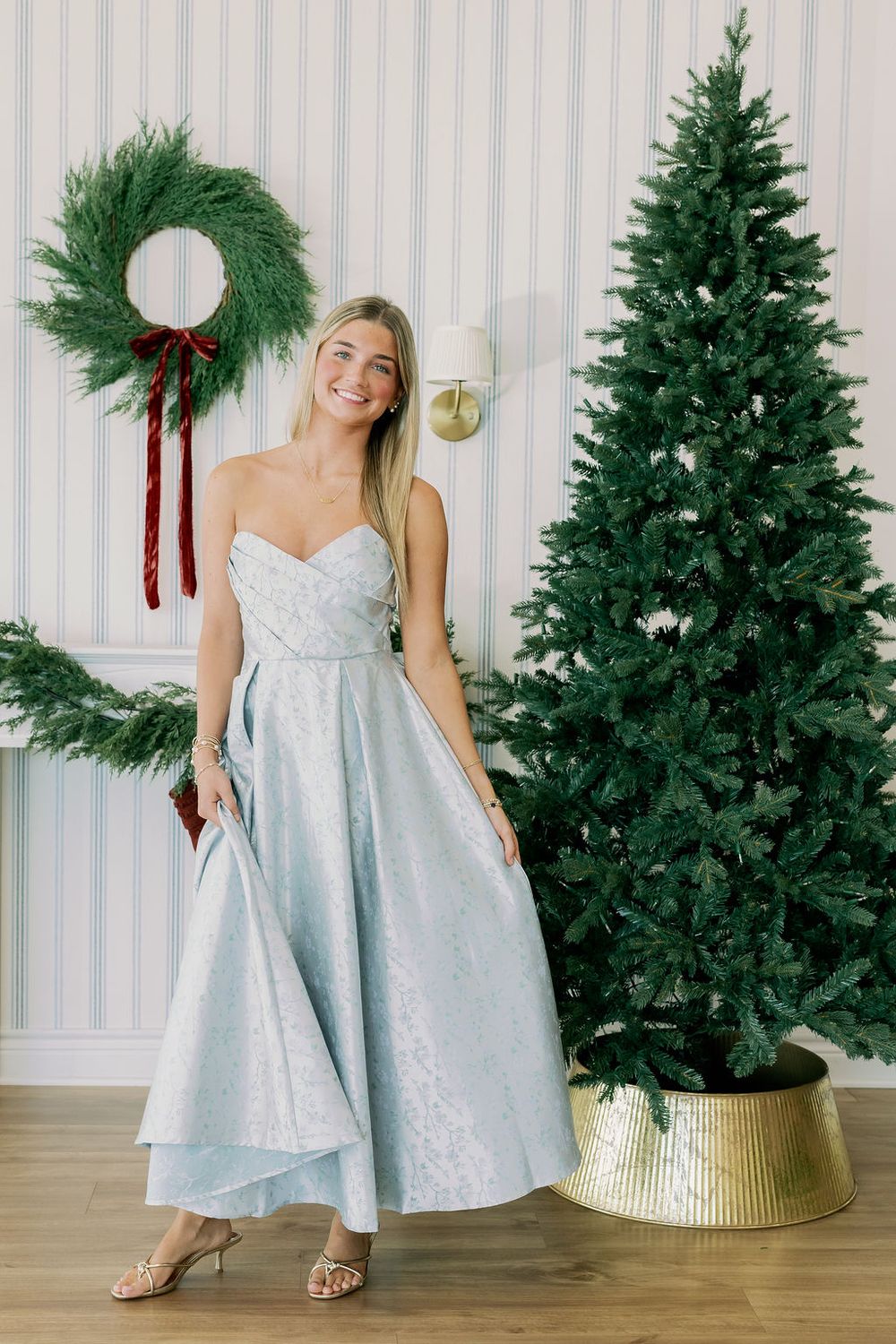 Floral Jacquard Satin Strapless Midi Dress