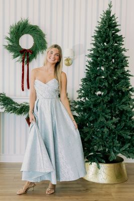 Floral Jacquard Satin Strapless Midi Dress