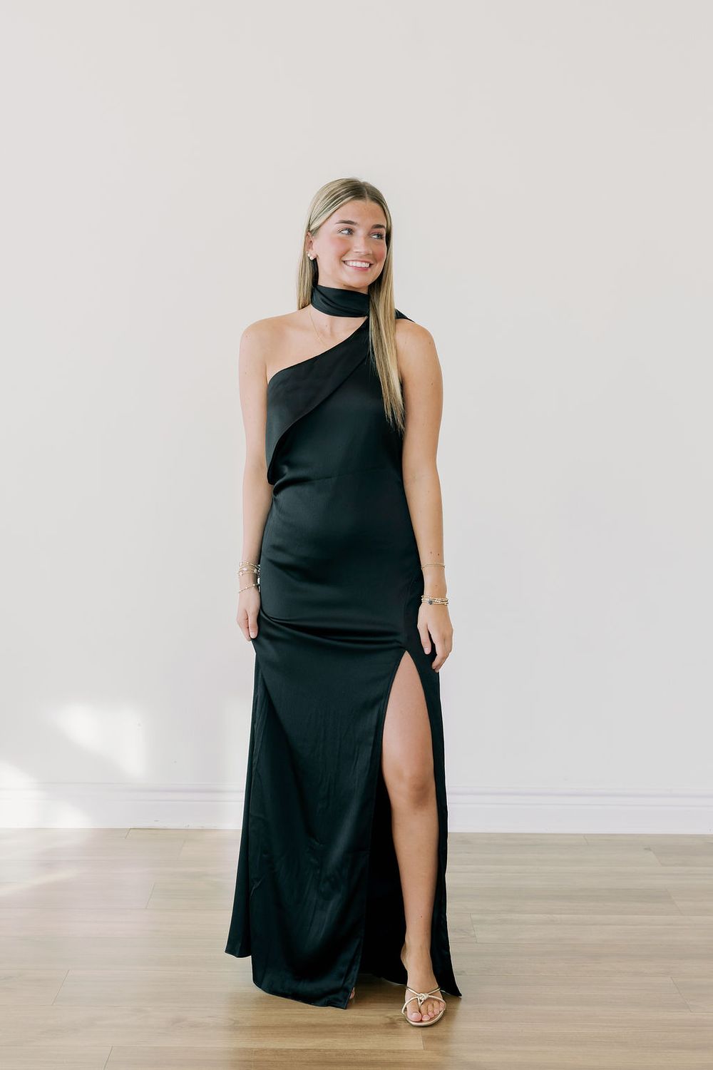 Satin One Shoulder Drape Maxi Dress