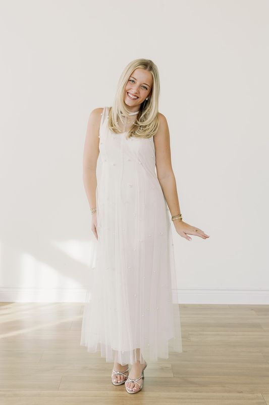 Pearl Beaded Mesh Midi Dress