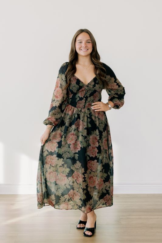 Long Sleeve Floral Smocked Button Down Maxi
