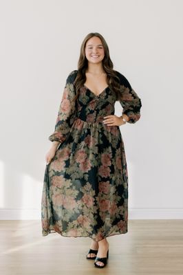 Long Sleeve Floral Smocked Button Down Maxi