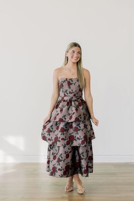 Strapless Floral Jacquard Tiered Midi Dress