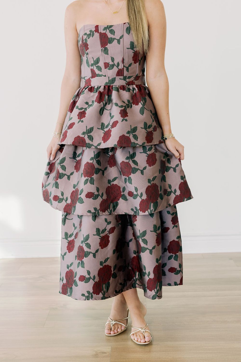 Strapless Floral Jacquard Tiered Midi Dress