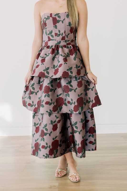 Strapless Floral Jacquard Tiered Midi Dress