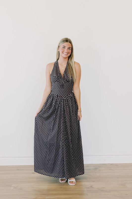 Halter Bow Detail Polka Dot Maxi