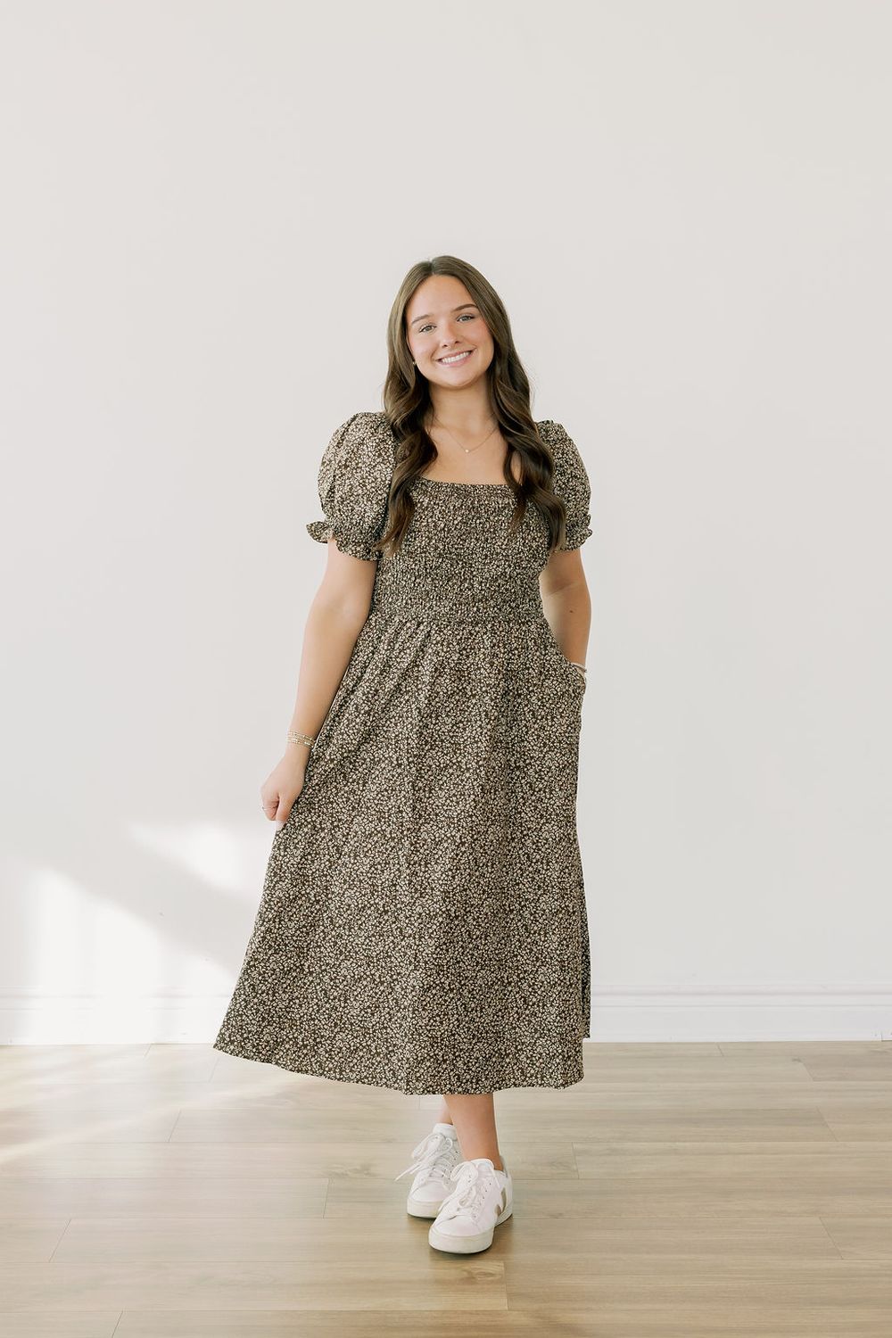 Smocked Floral Puff Sleeve Midi