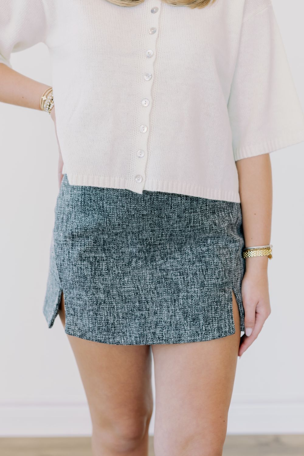 Tweed Front Slit Cutout Mini Skirt