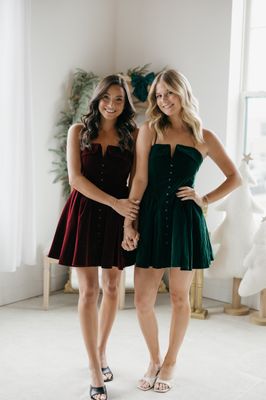 Velvet Flare Mini Dress W/ Button Detail