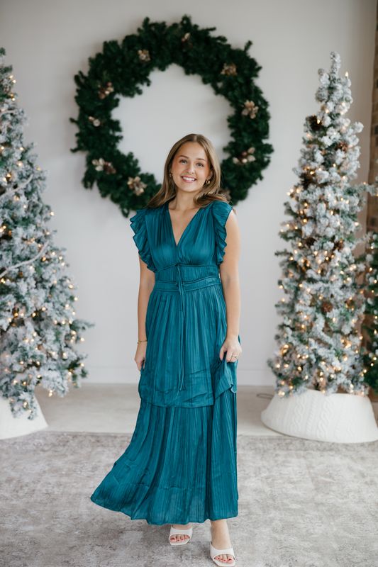 Satin Ruffle Pleated Maxi Dress