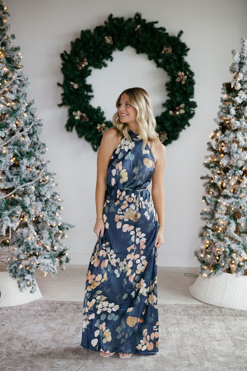 Satin Mock Neck Printed Halter Maxi