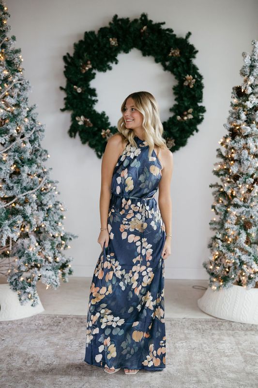 Satin Mock Neck Printed Halter Maxi