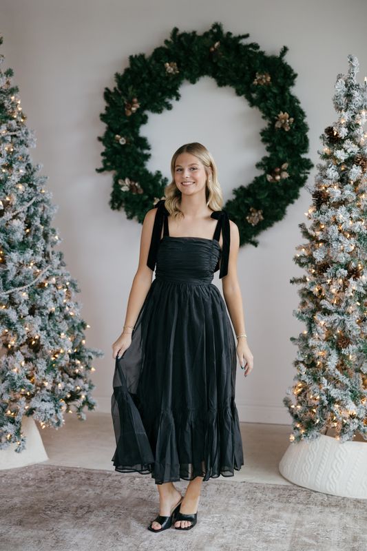 Tulle Ruched Velvet Strap Midi Dress