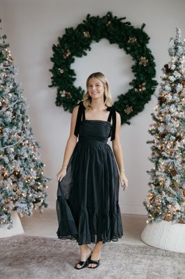 Tulle Ruched Velvet Strap Midi Dress