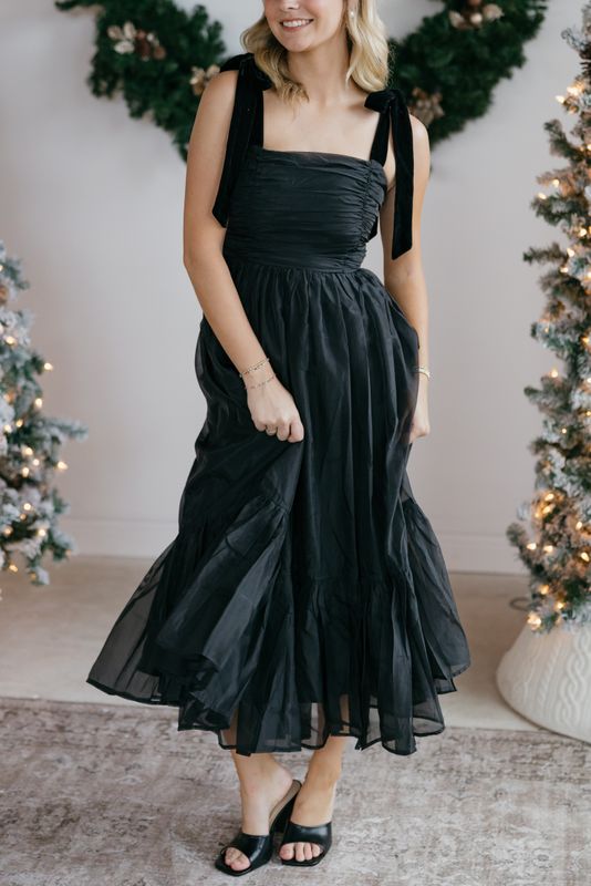 Tulle Ruched Velvet Strap Midi Dress