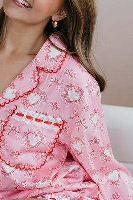 Satin Heart Print Scallop &amp; Lace Trim PJ Set
