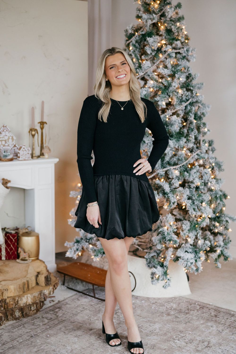 Ribbed Long Sleeve Bubble Hem Mini Dress