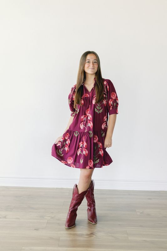 Floral Print cuff Puff Sleeve Ruffle Hem Mini