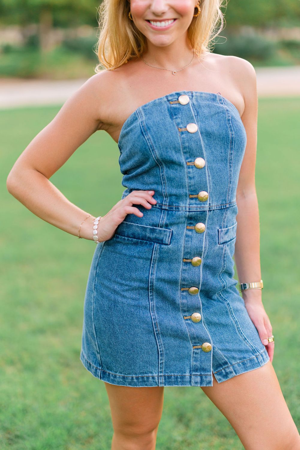 Denim Strapless Gold Button Mini Dress
