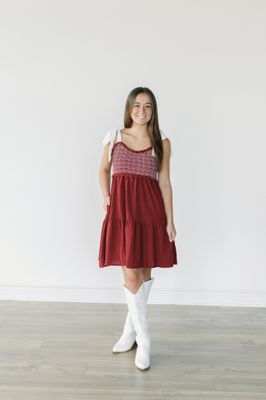 Shoulder Bow Tie Smocked Woven Tiered Mini