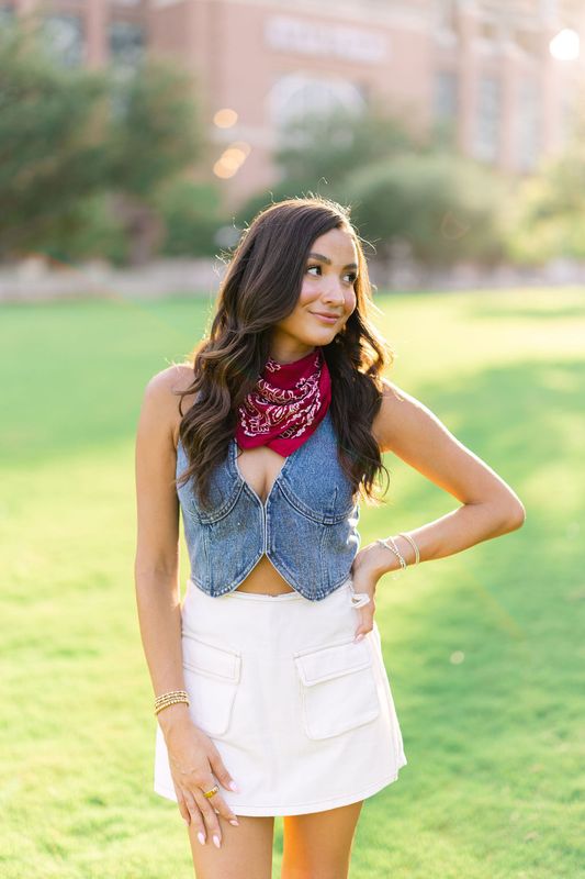 Plunge Neck Hook Closure Denim Crop