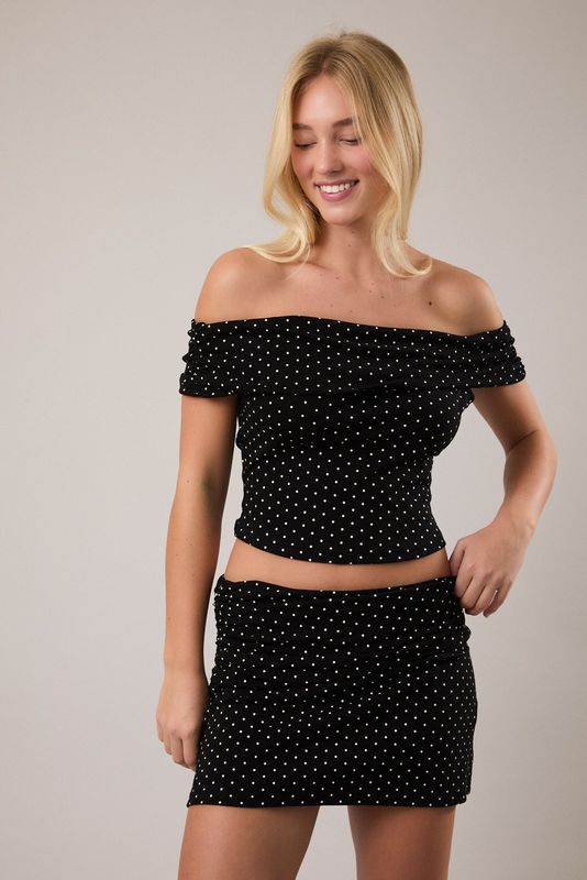 Polka Dot Shirred Knit Off The Shoulder Top &amp; Skirt Set