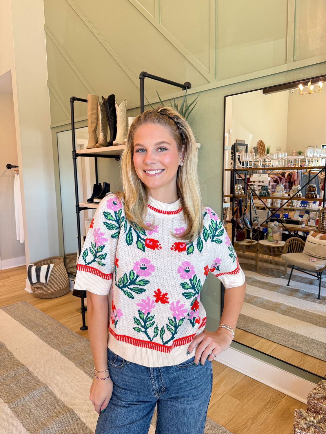 Knit Short Sleeve Floral Sweater Top