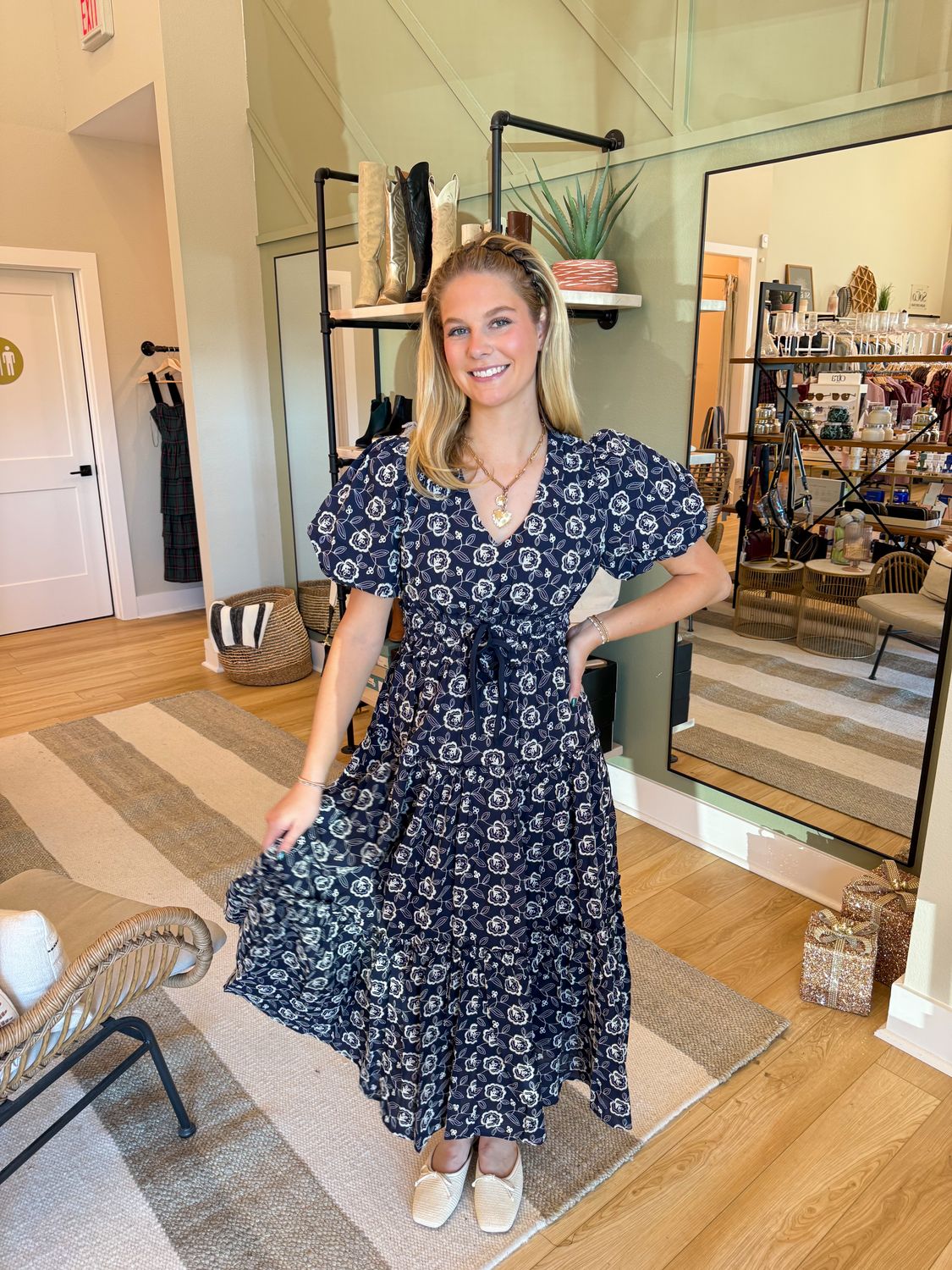 Floral Embroidered Puff Sleeve Tiered Midi