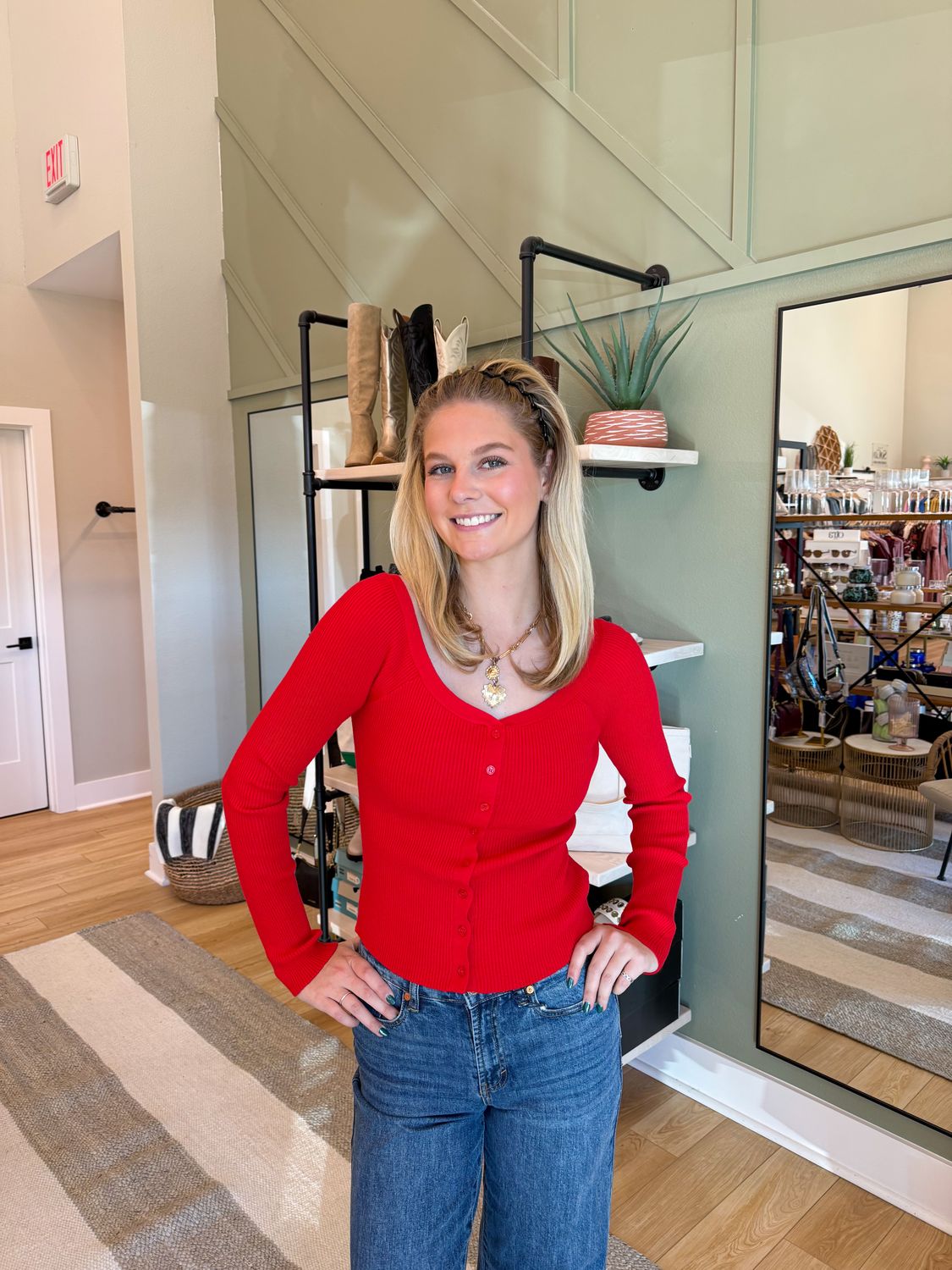 Off Shoulder Ribbed Button Up Sweater Top