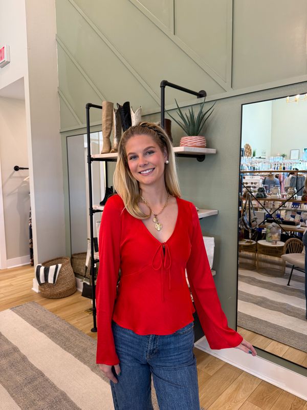 Deep V Neck W/ Tie Front Flare Sleeve Blouse