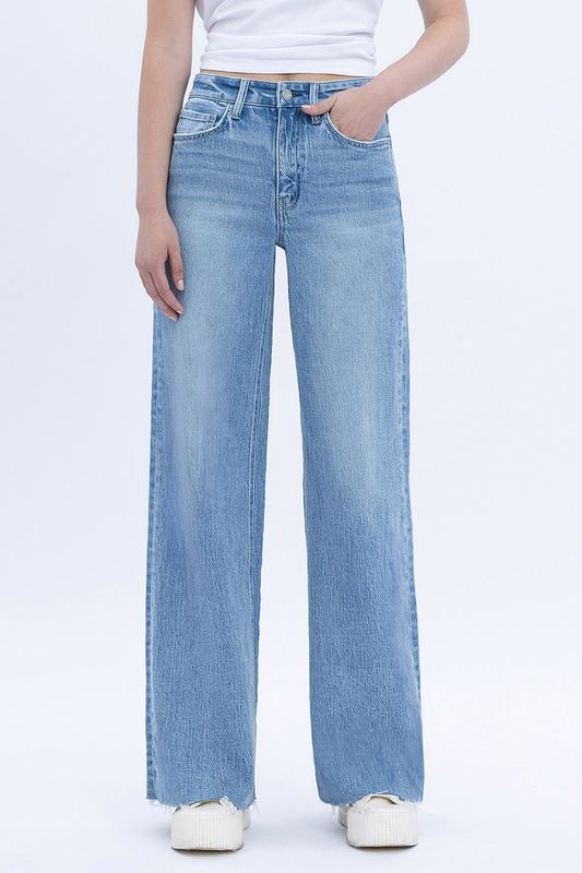 High Rise Clean Cut Raw Hem Wide Jeans