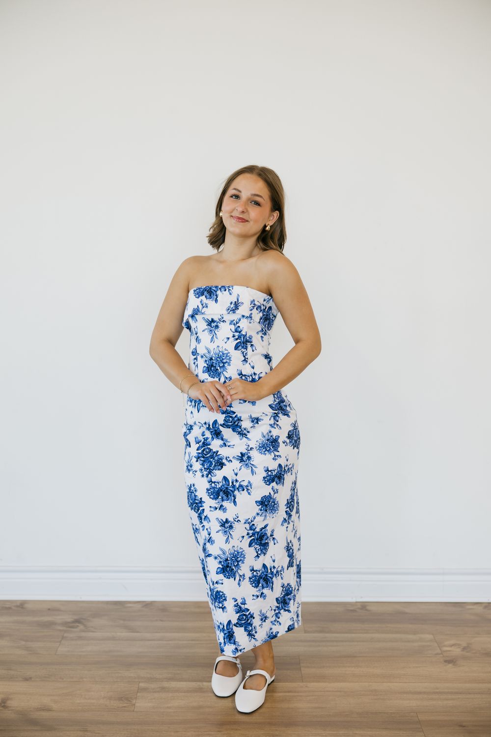 Fold Over Strapless Floral Midi Dress