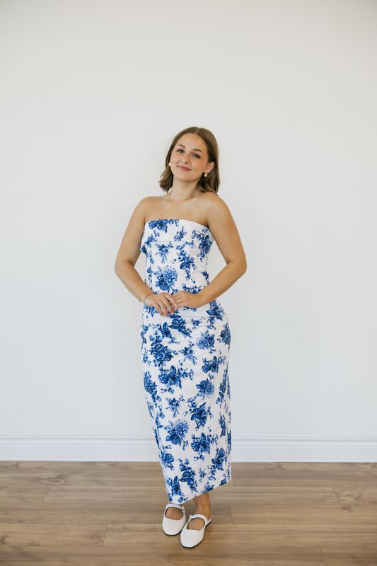 Fold Over Strapless Floral Midi Dress