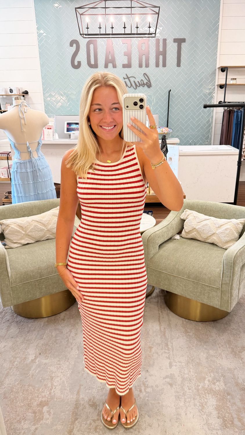 Sleeveless Striped Ribbed Midi, Color: - Red/White, Size: - S