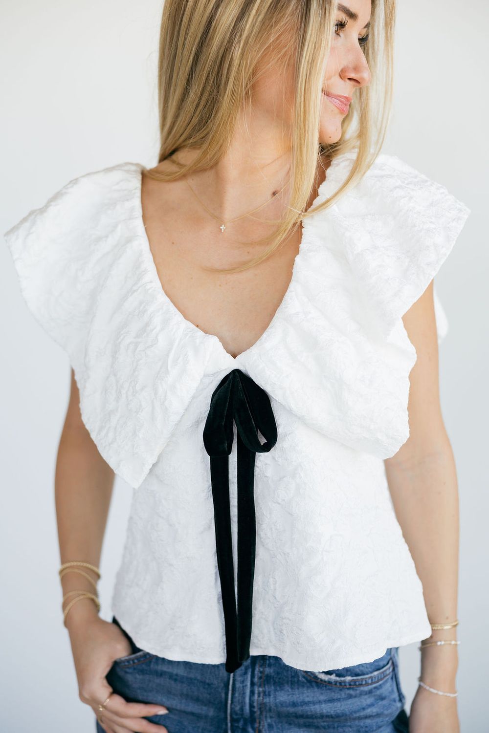 Textured Velvet  Bow Babydoll Blouse