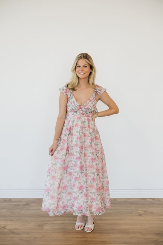Floral Back Lace Up Ruffle Sleeve Maxi Dress