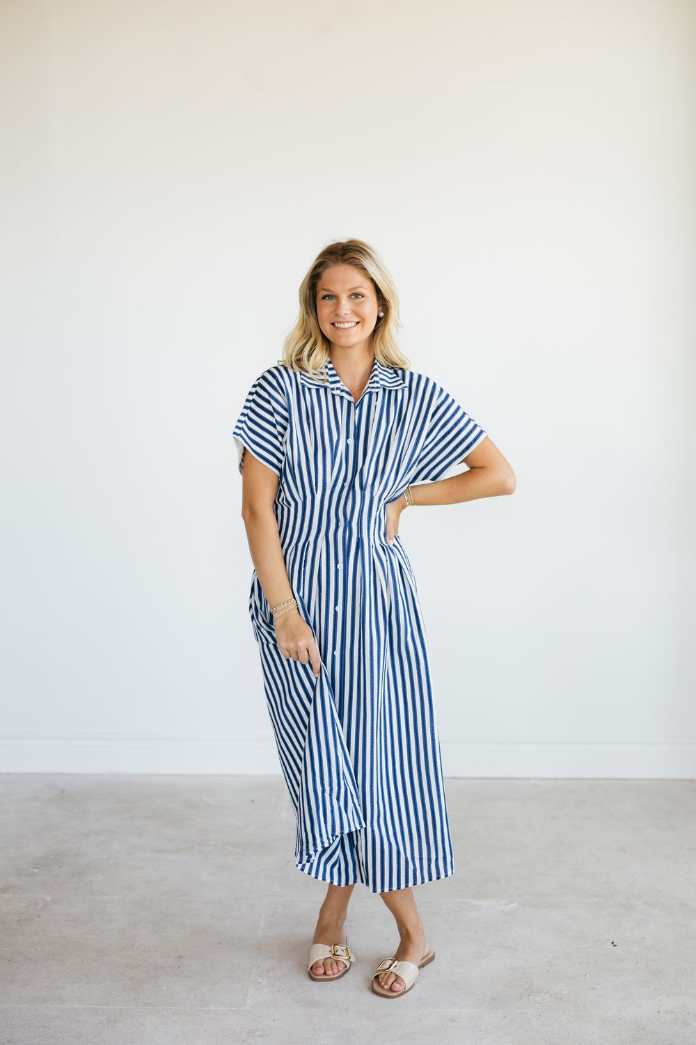 Striped Textured Button Up Midi Dress
