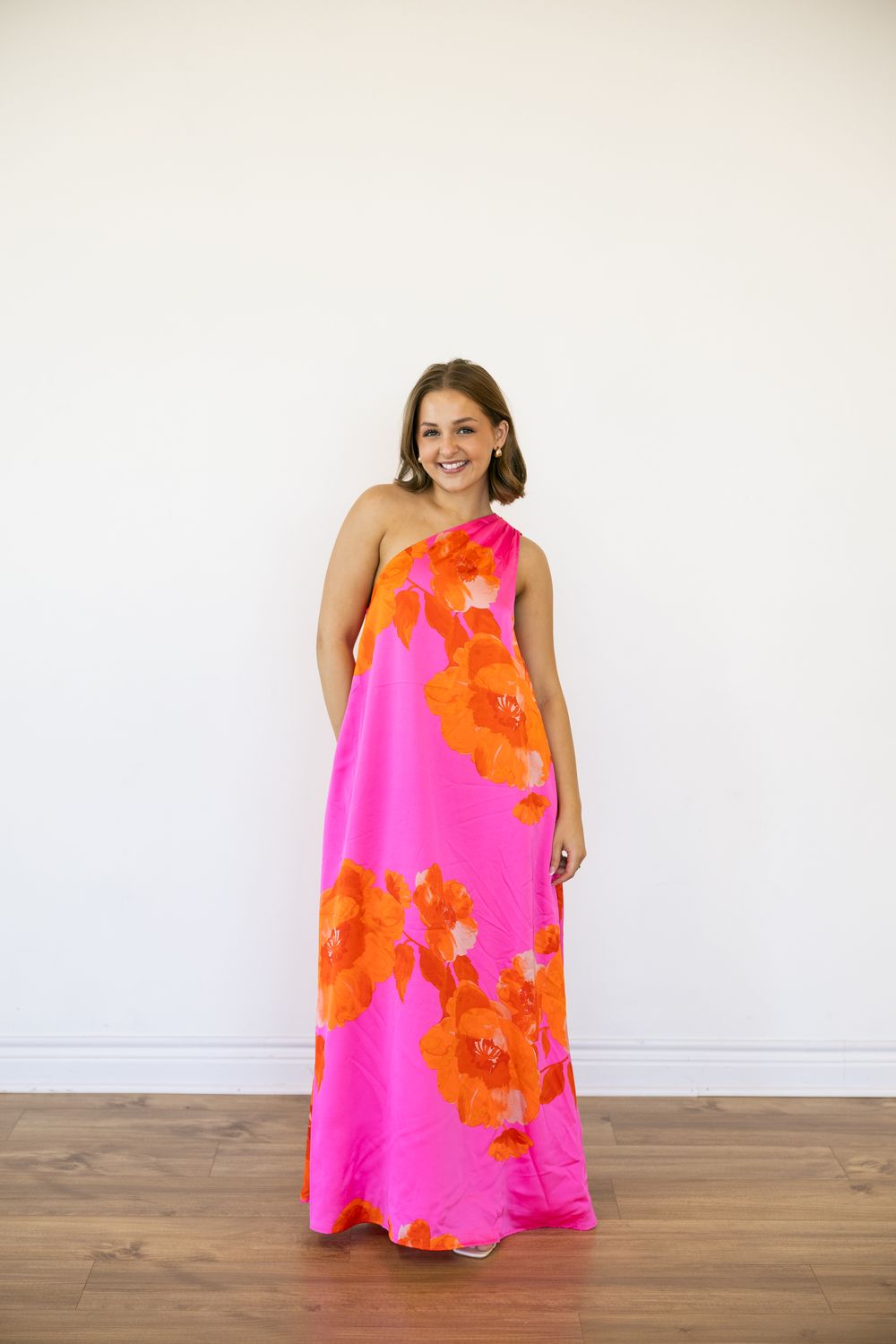 One Shoulder Floral Satin Maxi