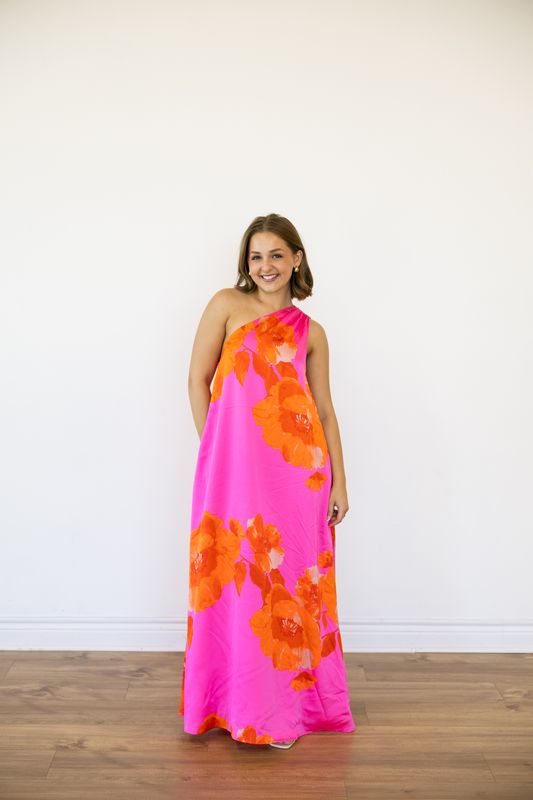 One Shoulder Floral Satin Maxi