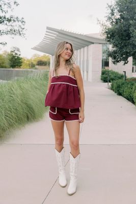 Embroidered Seam Babydoll Top &amp; Shorts Set