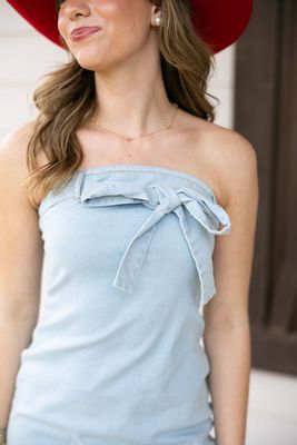 Bow Detail Strapless Denim Mini Dress