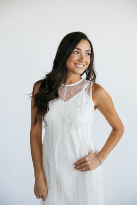Pearl Beaded Mesh Midi Dress