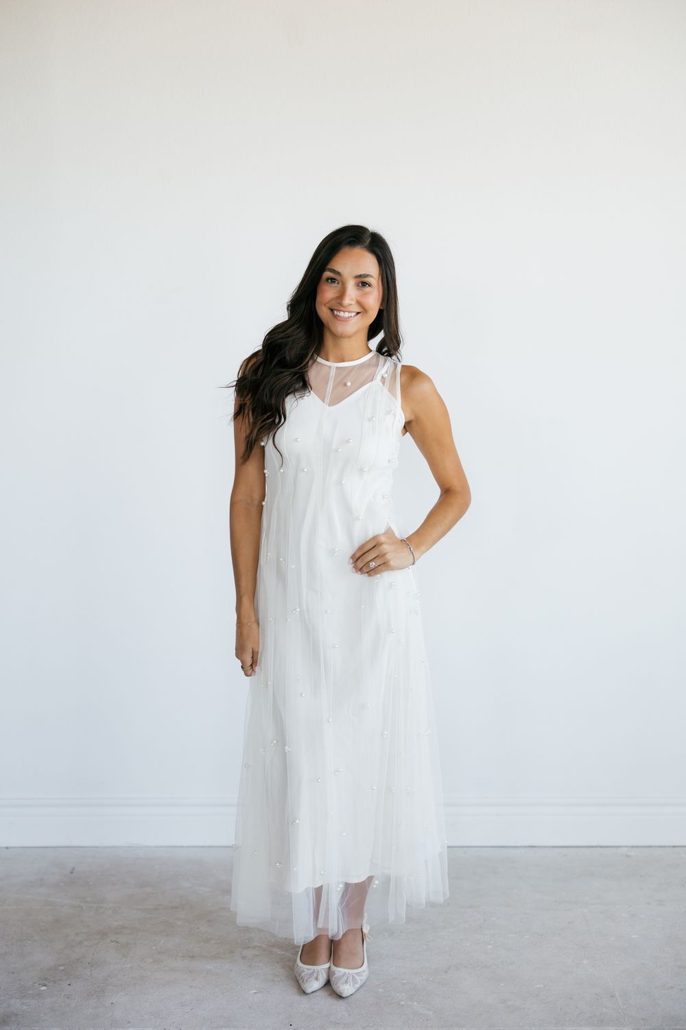 Pearl Beaded Mesh Midi Dress