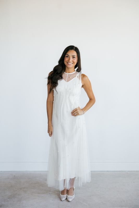 Pearl Beaded Mesh Midi Dress